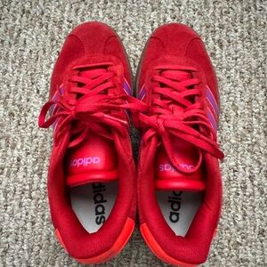 Adidas Red Sneakers with Purple Stripes